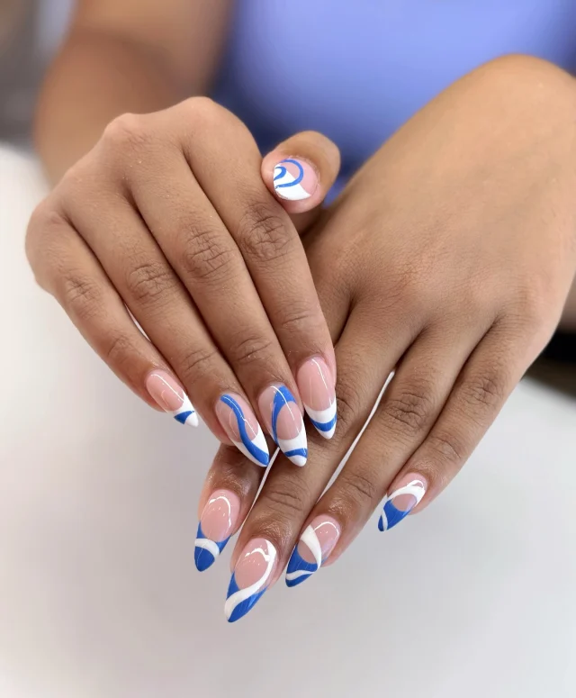 A little swirl, a little French, a lot of obsession 💙

Book now at: https://gemmanailsspa.ca

#BlueNails #BlueFrenchTips #SwirlNails #AbstractNails