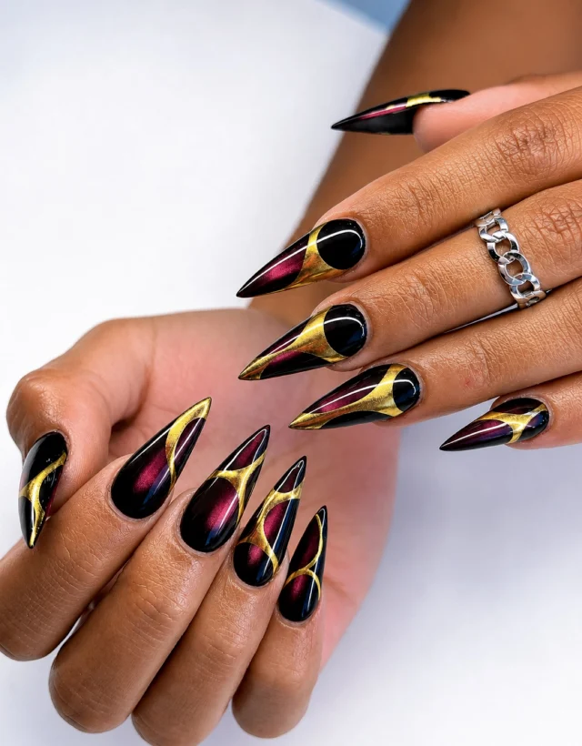 Dark elegance meets golden accents. 🌙✨

Book now at: https://gemmanailsspa.ca

#GemmaNailsSpa #MississaugaNails #LuxuryNails #StilettoNails