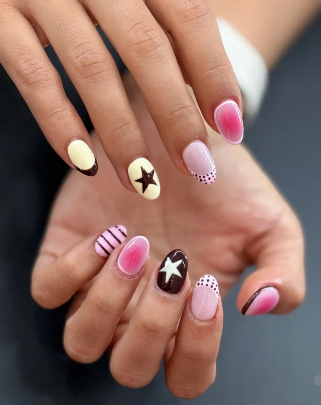 Sweet, sassy & a little bit retro 🩷🤎✨

Book now at: https://gemmanailsspa.ca

#nailsinspo 
#missisauganailsalon
#summernailsinspo 
#nailart 
#GemmaNailsSpa MississaugaNails
